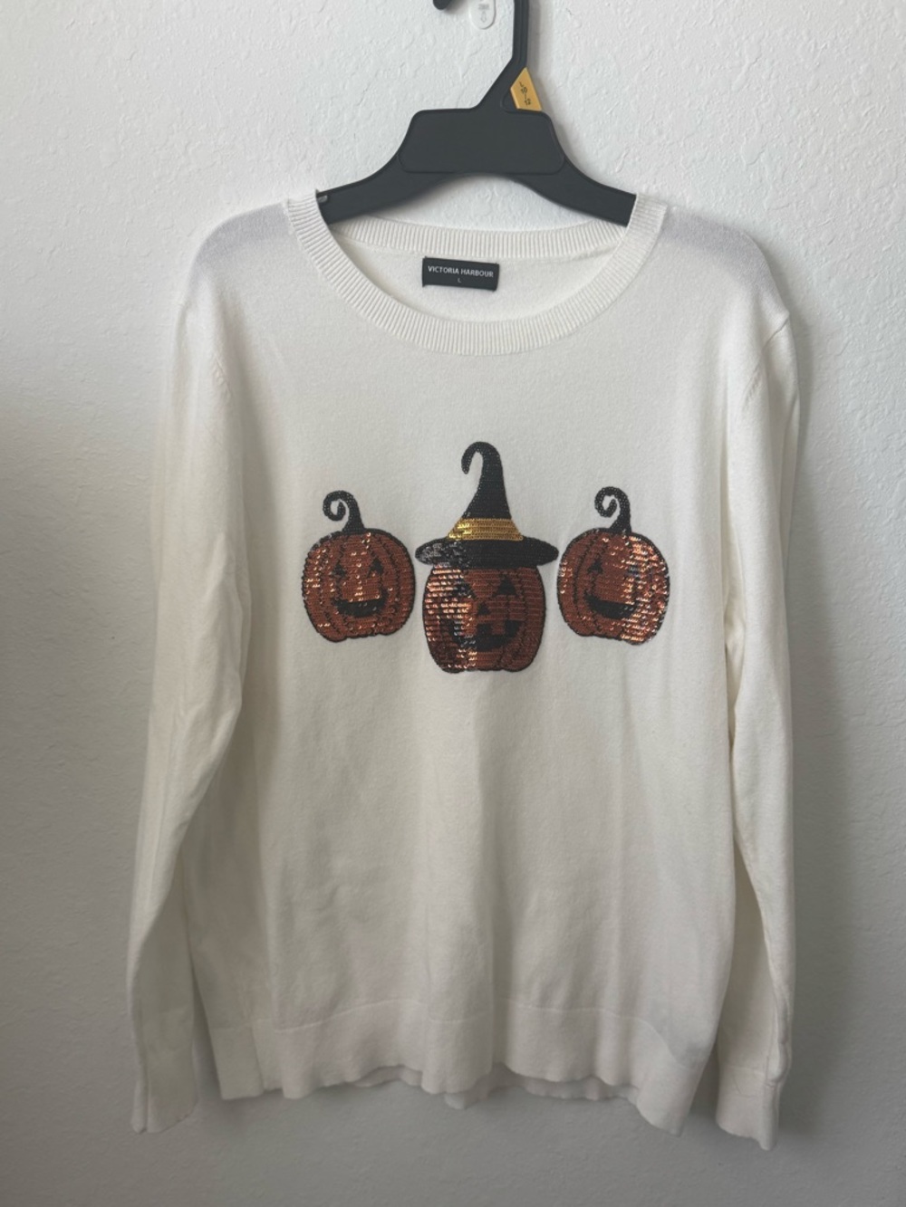 Victoria Harbour Halloween Sequin Pumpkin Sweater Jack O Lantern Ivory Size L